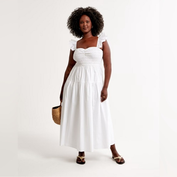 Abercrombie and Fitch White Ruffle Strap Smocked Poplin Midi Dress Costal Beachy - Picture 3 of 12